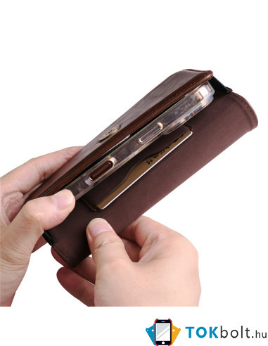 Univerzális vízszintes övtok max 7.2 colos telefonokhoz – PU bőr, kártyatartóval - 18×1.8×9.5 cm - FEKVŐ - BARNA
