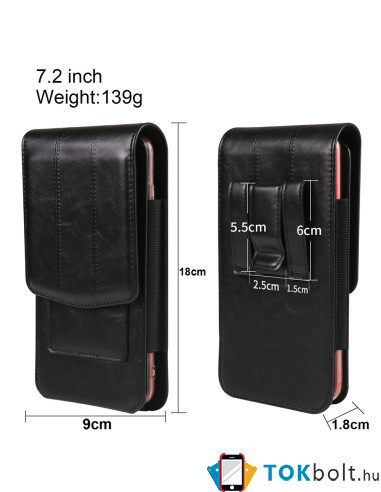 Univerzális övtok 7.2 colos telefonokhoz – PU bőr, 2 kártyatartóval - 18x1.8x9 cm - ÁLLÓ - FEKETE