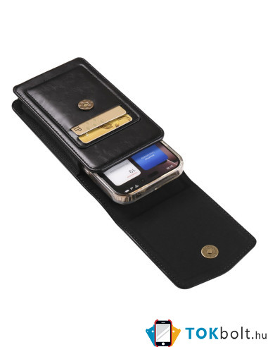 Univerzális övtok 7.2 colos telefonokhoz – PU bőr, 2 kártyatartóval - 18x1.8x9 cm - ÁLLÓ - FEKETE