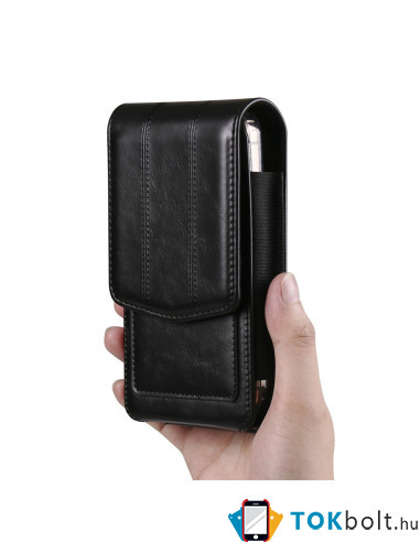 Univerzális övtok 7.2 colos telefonokhoz – PU bőr, 2 kártyatartóval - 18x1.8x9 cm - ÁLLÓ - FEKETE