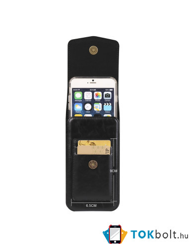 Univerzális övtok 7.2 colos telefonokhoz – PU bőr, 2 kártyatartóval - 18x1.8x9 cm - ÁLLÓ - FEKETE