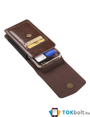 Univerzális övtok 7.2 colos telefonokhoz – PU bőr, 2 kártyatartóval - 18x1.8x9 cm - ÁLLÓ - BARNA