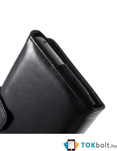Univerzális fekete színű ablakos tárca tok karpánttal 5.5 colos telefonokhoz