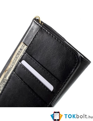 Univerzális fekete színű ablakos tárca tok karpánttal 5.5 colos telefonokhoz