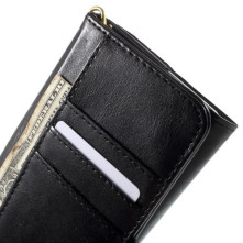 Univerzális fekete színű ablakos tárca tok karpánttal 5.5 colos telefonokhoz