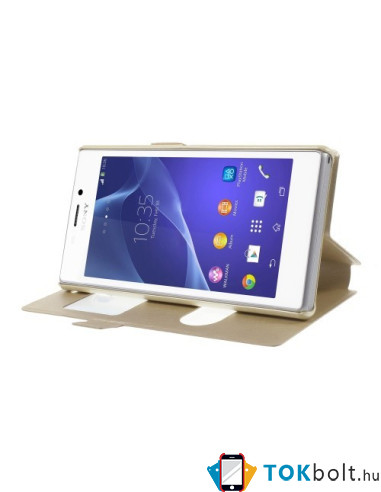 Pezsgő színű két ablakos notesz tok Sony Xperia M2 / M2 Dual telefonhoz