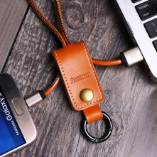 REMAX bőr kulcstartó Micro USB töltő kábel karabinerrel - BARNA