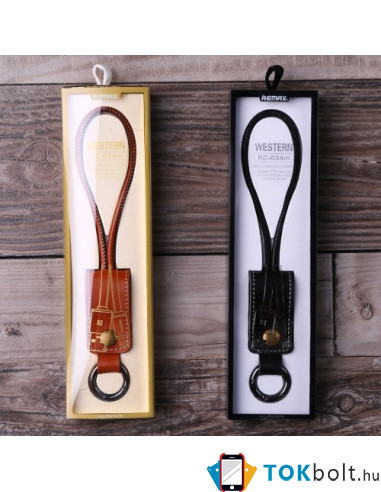 REMAX bőr kulcstartó Micro USB töltő kábel karabinerrel - BARNA