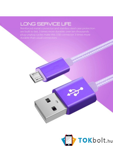 USB kábel - adatkábel - fonott dizájn - 1m hosszú - LILA