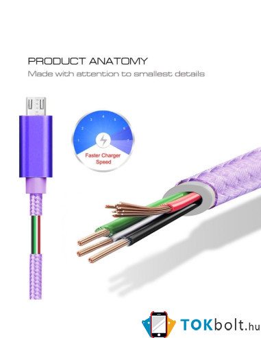 USB kábel - adatkábel - fonott dizájn - 1m hosszú - LILA