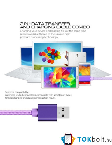 USB kábel - adatkábel - fonott dizájn - 1m hosszú - LILA