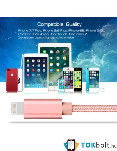 2 méteres USB kábel iPhone X/8/8 Plus/7/7 Plus/6/6s/6 Plus/6s Plus/iPad/5/5s/SE - RÓZSAARANY