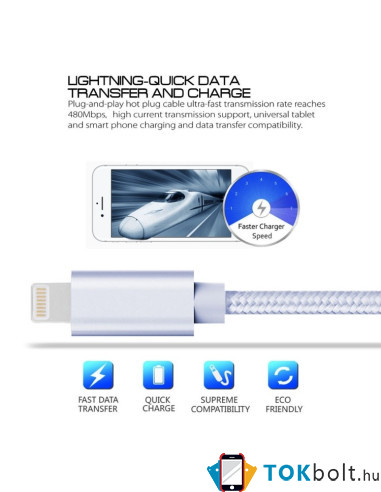 2 méteres USB kábel iPhone X/8/8 Plus/7/7 Plus/6/6s/6 Plus/6s Plus/iPad/5/5s/SE - EZÜST