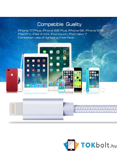 2 méteres USB kábel iPhone X/8/8 Plus/7/7 Plus/6/6s/6 Plus/6s Plus/iPad/5/5s/SE - EZÜST