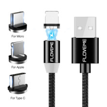 FLOVEME 1 méteres 3 az 1-ben 2A 8 Pin + Micro USB + USB-C / Type-C mágneses töltőkábel, adatkábel - FEKETE