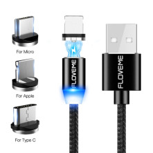 FLOVEME 1 méteres 3 az 1-ben 2A 8 Pin + Micro USB + USB-C / Type-C mágneses töltőkábel, adatkábel - FEKETE