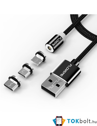FLOVEME 1 méteres 3 az 1-ben 2A 8 Pin + Micro USB + USB-C / Type-C mágneses töltőkábel, adatkábel - FEKETE