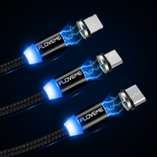 FLOVEME 1 méteres 3 az 1-ben 2A 8 Pin + Micro USB + USB-C / Type-C mágneses töltőkábel, adatkábel - FEKETE