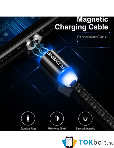 FLOVEME 1 méteres 3 az 1-ben 2A 8 Pin + Micro USB + USB-C / Type-C mágneses töltőkábel, adatkábel - ARANY