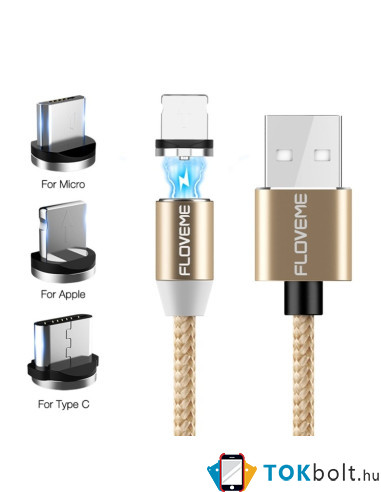 FLOVEME 1 méteres 3 az 1-ben 2A 8 Pin + Micro USB + USB-C / Type-C mágneses töltőkábel, adatkábel - ARANY