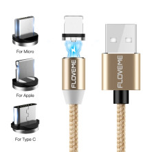 FLOVEME 1 méteres 3 az 1-ben 2A 8 Pin + Micro USB + USB-C / Type-C mágneses töltőkábel, adatkábel - ARANY