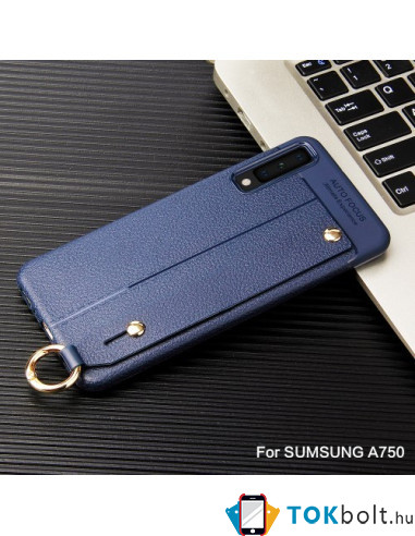 Rugalmas bőr tapintású TPU tok kézpánttal Samsung Galaxy A7 (2018) készülékhez - KÉK
