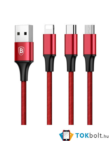 Baseus Speed Series 1.2m 3A (1 x 8pin + 1 x Micro USB + 1 x Type-C to USB) adatkábel és töltőkábel - PIROS