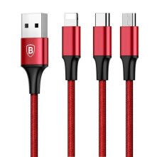 Baseus Speed Series 1.2m 3A (1 x 8pin + 1 x Micro USB + 1 x Type-C to USB) adatkábel és töltőkábel - PIROS
