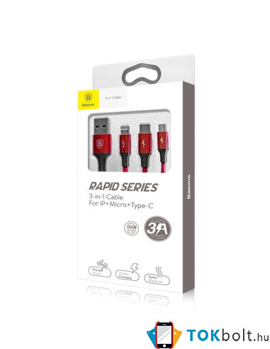 Baseus Speed Series 1.2m 3A (1 x 8pin + 1 x Micro USB + 1 x Type-C to USB) adatkábel és töltőkábel - PIROS
