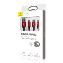 Baseus Speed Series 1.2m 3A (1 x 8pin + 1 x Micro USB + 1 x Type-C to USB) adatkábel és töltőkábel - PIROS