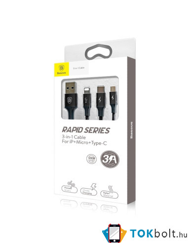 Baseus Speed Series 1.2m 3A (1 x 8pin + 1 x Micro USB + 1 x Type-C to USB) adatkábel és töltőkábel - FEKETE
