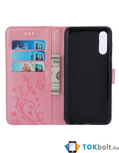 Dombornyomott lepkés virágos notesztok Samsung Galaxy A50 telefonhoz - RÓZSAARANY