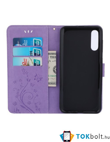 Dombornyomott lepkés virágos notesztok Samsung Galaxy A50 telefonhoz - VILÁGOSLILA