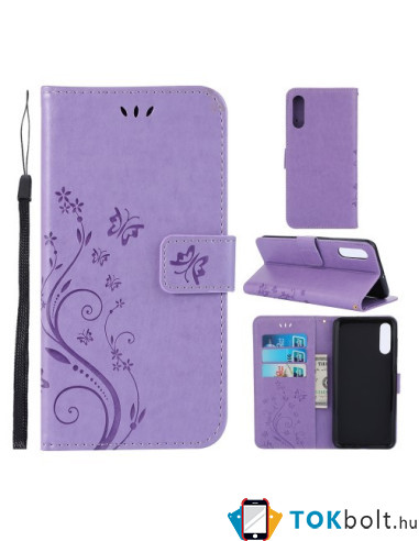 Dombornyomott lepkés virágos notesztok Samsung Galaxy A50 telefonhoz - VILÁGOSLILA