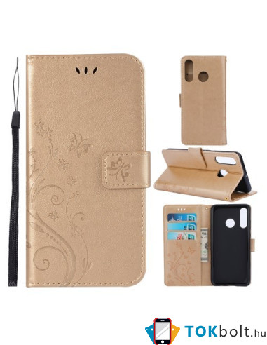 Dombornyomott lepkés virágos notesztok Huawei P30 Lite telefonhoz - ARANY