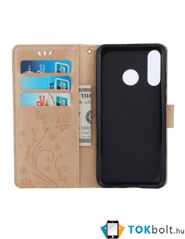 Dombornyomott lepkés virágos notesztok Huawei P30 Lite telefonhoz - ARANY
