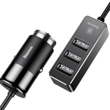 BASEUS hátsó ülésekig is elérő 1.5 méteres 4 USB csatlakozású telefon autós töltő - FEKETE