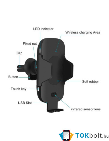C9 infravörös mozgásérzékelős szellőzőrácsra rögzíthető wireless töltős autós tartó - 60-80 mm - FEKETE