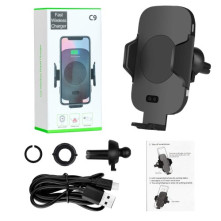 C9 infravörös mozgásérzékelős szellőzőrácsra rögzíthető wireless töltős autós tartó - 60-80 mm - FEKETE
