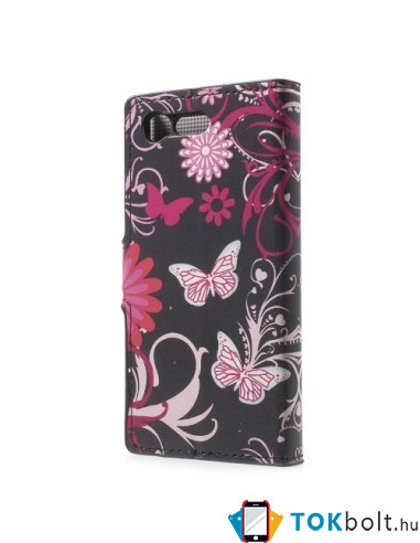 Oldalra nyíló mintás telefontok Sony Xperia X Compact telefonhoz - RÓZSASZÍN PILLANGÓS