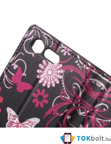 Oldalra nyíló mintás telefontok Sony Xperia X Compact telefonhoz - RÓZSASZÍN PILLANGÓS