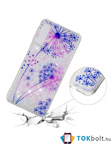 Samsung Galaxy A50, TPU rugalmas, mozgó csillámos, vékony, szilikon tok - Pitypang mintás