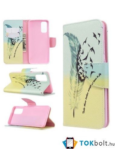 Samsung Galaxy S20, oldalra nyíló, mappa tok, notesz tok - Madártoll mintás
