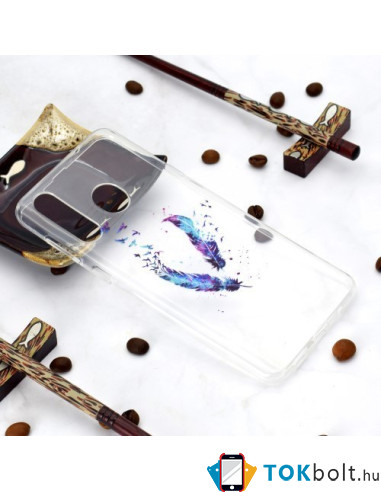 Huawei Y6p, TPU rugalmas, vékony, szilikon tok - Madártoll mintás