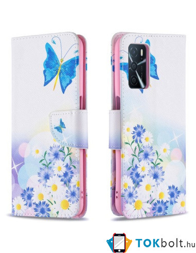 Oldalra nyíló mintás telefontok Oppo A16s telefonhoz - PILLANGÓK ÉS VIRÁGOK